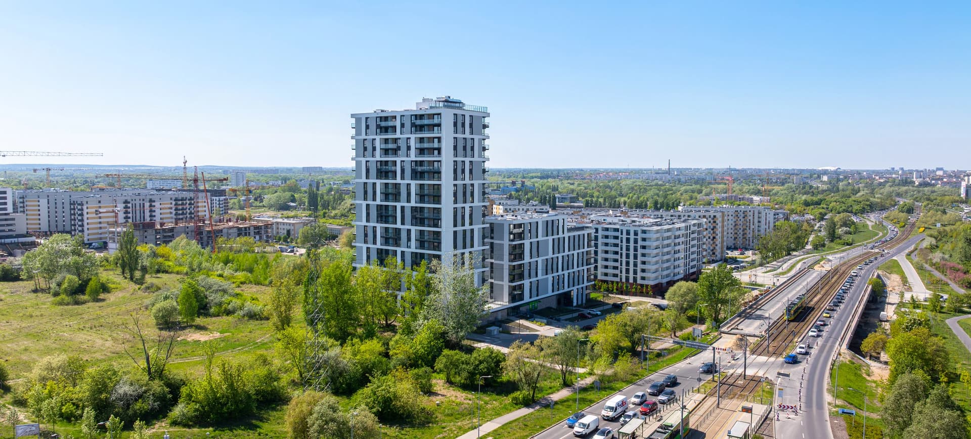Panorama dzielnicy z lotu ptaka – nowe osiedla Poznań Rataje, Panoramiqa 2